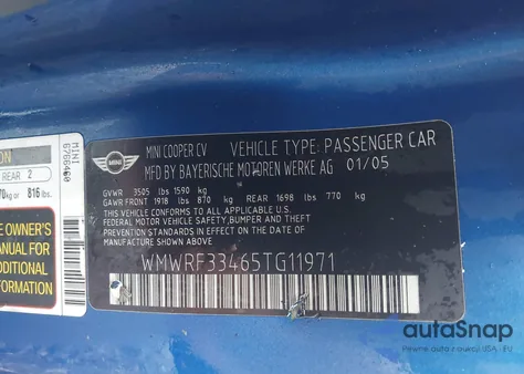 2005 Mini Cooper из США, поврежденный, VIN WMWRF33465TG11971